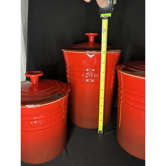 Le Creuset CERISE Red Stoneware 3-Canister Storage Jar Set with Lids #1029 - Picture 5 of 13